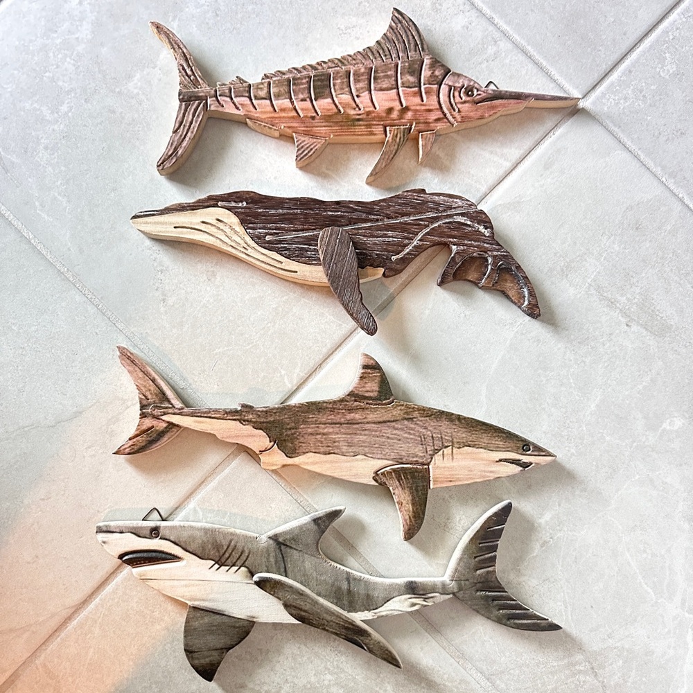 Handcrafted Wood Marine Wall Art - Neutral Brown Gray Fish Set